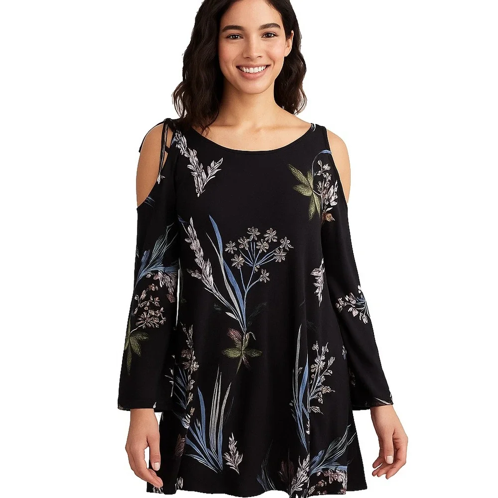 Free People Black Floral One-Shoulder Cold-Shoulder Dress